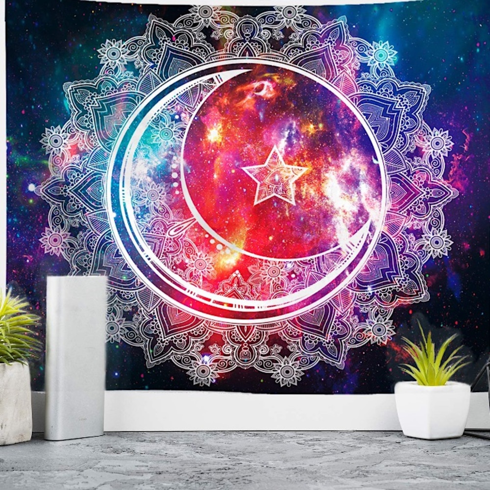 Neon Hippie/Indie Moon/Sun Floral Space Tapestry